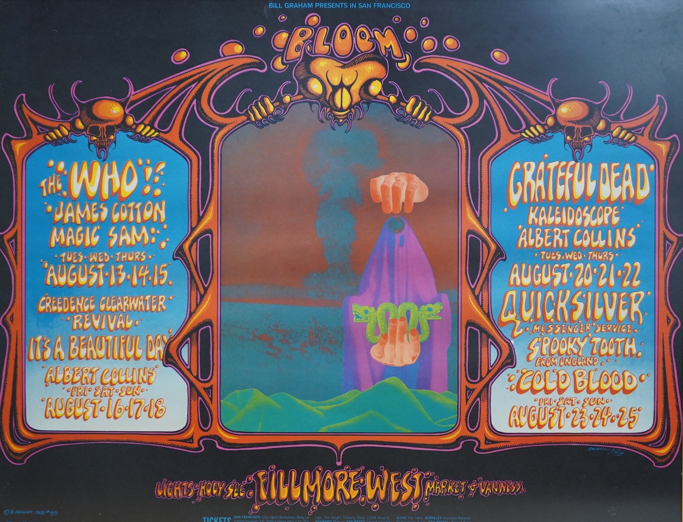 A framed original Fillmore West, San Francisco psychedelic poster promoting upcoming artists performing at the venue, August 1968, promoted by Bill Graham, artists include; The Who, Grateful Dead, Creedence Clearwater Re